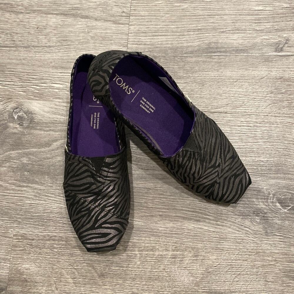 TOMS Black Metallic Zebra Print Alpargata Slip On Sneakers Size 7